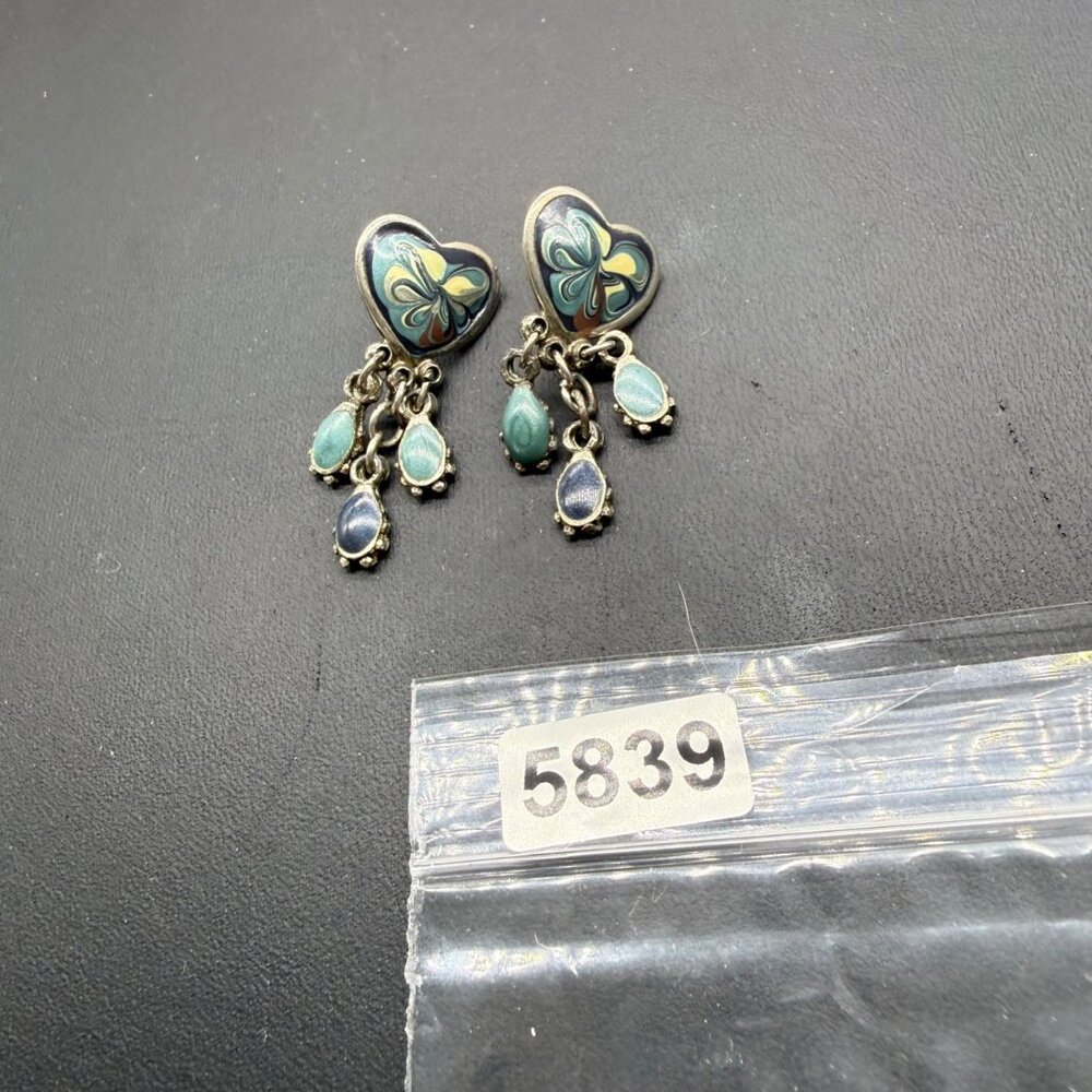 Heart-Shaped Dangle Earrings With Multicolor Enamel Design & Teardrop Charms - Picture 2 of 5